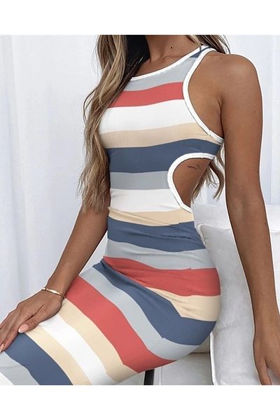 nedo7 Women's Sleeveless Low-Cut Detail Stripe Patterned Pegasus Fabric Dress