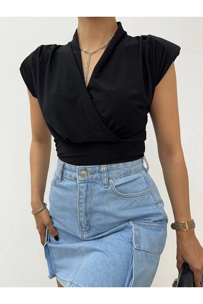 nedo7 Zero sleeve Shoulder Pad piece Double-Breasted model sandy blouse - black