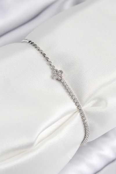 Clariss Brass Zircon Stone Clover Model Crushed Chain Silver Color Women's Bracelet