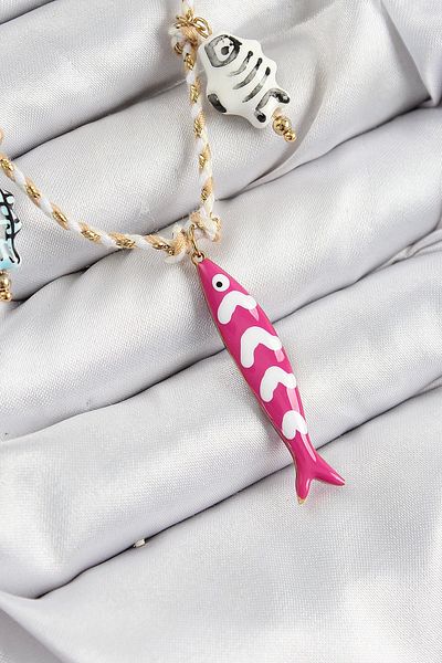 Clariss Ceramic Motif Pink Fish Figured Model Cream Thread Women's Necklace