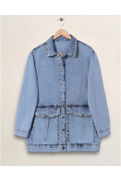 nedo7 Denim Jacket with Stone Embroidery on Collar and Pockets - Ice Blue
