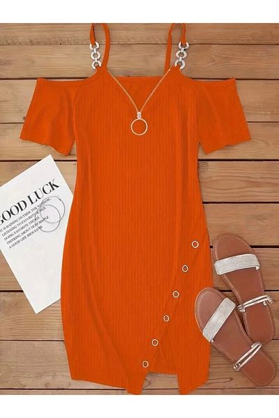 nedo7 Women's Strappy Front Zipper Asymmetrical Cut Detailed Thick Corded Camisole Dress