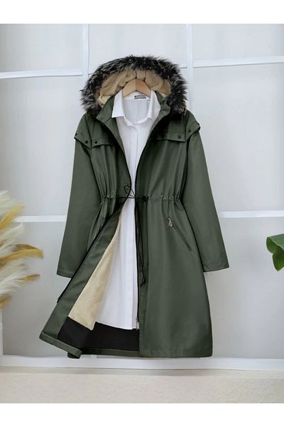 nedo7 Striped Hooded Star Metal Detailed Coat - Khaki