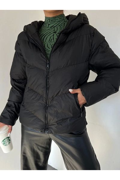 nedo7 Fixed Hooded Zippered Winter Coat - Black