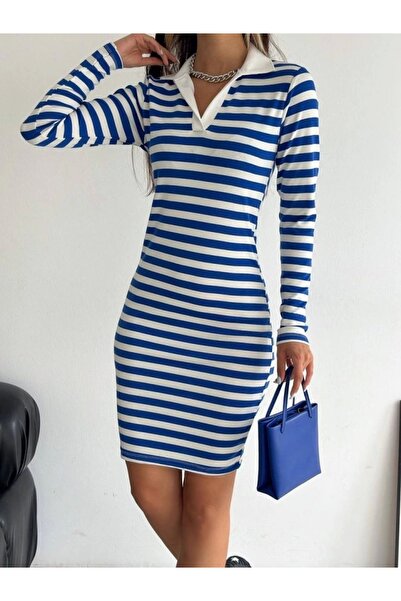nedo7 Collared Striped Long Sleeve Dress - Blue