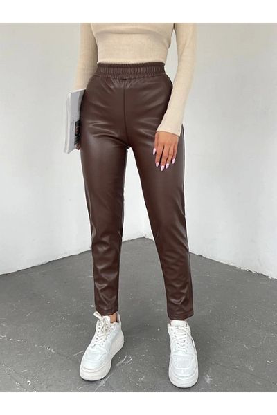 nedo7 Elastic Waist Leather Trousers - Brown