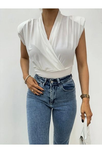 nedo7 Zero sleeve Shoulder Pad piece Double-Breasted model sandy blouse - white