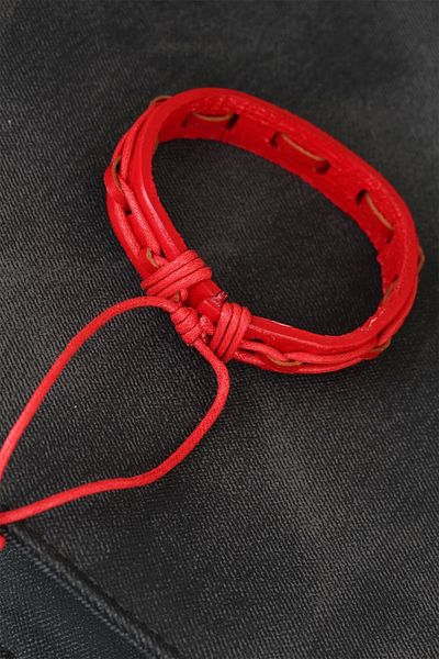Moco Red Color Adjustable String Leather Men's Bracelet