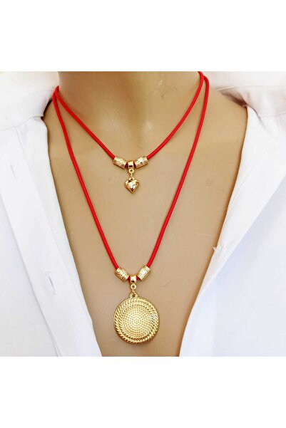 shop Kalp Ve Madalyon Dokunuşlu Şans İkili Kolye Kırmızı Ve Altın
