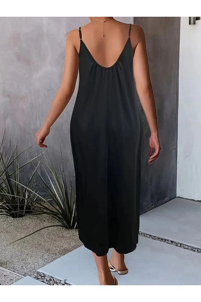 nedo7 Women's Rope Strap Wide V-Neck Pocket Viscose Dress