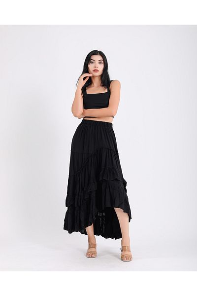 Hazinedan Women's Trends Asymmetric Black Alacati Skirt with Elastic Waist