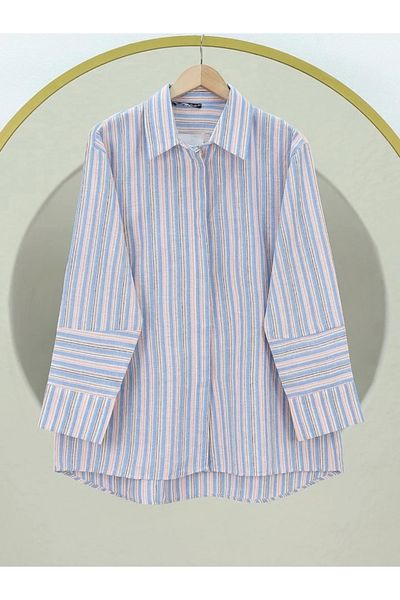 nedo7 Long back embossed striped Oversized shirt -blue