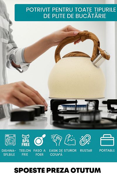 Brivoo® Ceainic inox cu fluier Zilan , 3,5 L, design retro, finisaj crem , capac cu mâner ergonomic,Brivoo®