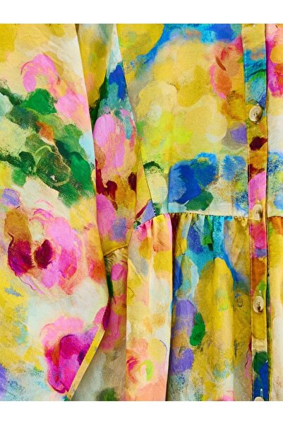 Modamorfo Mixed Pattern Half Button Sleeve Elastic Dress -Yellow