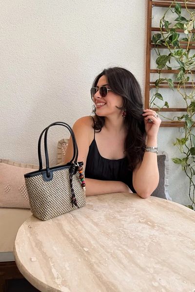 LEONAS Geantă de mână și de umăr pentru femei Wicker cu accesorii Charm Patter Black
