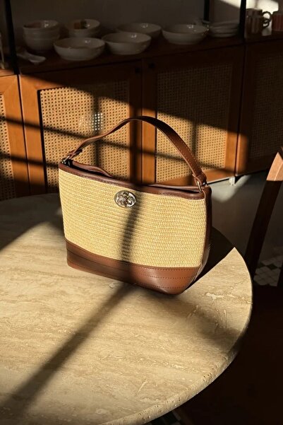 LEONAS Buckle Detailed Straw Women's Hand and Cross Shoulder Bag Rowan Brown