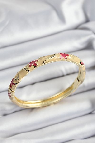 MBB ETİCARET Mineli Brass Pink and Cream Flower Motif Gold Color Women's Handcuffs - Tj-Bb7370