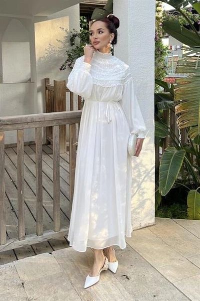 nedo7 Gathered Chiffon Dress White