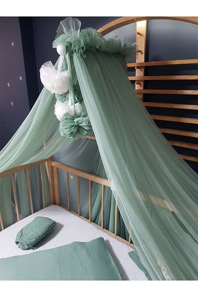 bebek_iklimi Embroidered Muslin Sleeping Set - 80X120 cm Duvet Cover, Pompom Mosquito Net, Tulle and Apparatus