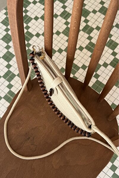 LEONAS Handmade Bead Detailed Cross Women's Hand and Shoulder Bag Ketrin Cream