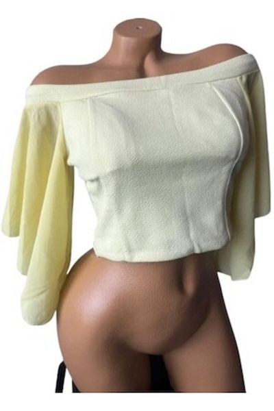Mode Yellow top with bell-style sheer sleeves, size S-M, polyester