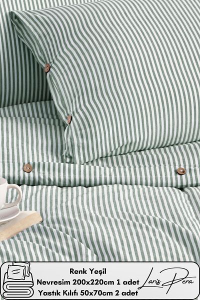 Larispera Yarn Dyed Cotton Double Striped Buttoned Duvet Cover Set 200X220 cm King Size