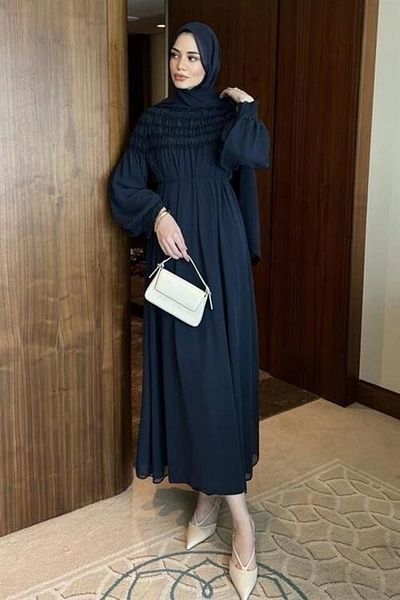 nedo7 Gathered Chiffon Dress Navy Blue