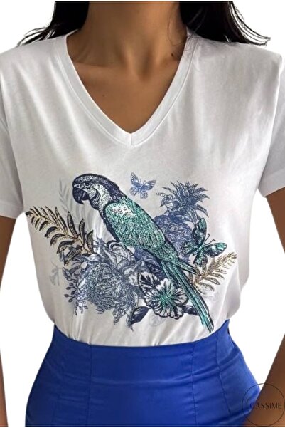 Cassime Women's White V-Neck Parrot Sequin Sequin Embroidered 100% Cotton T-Shirt Plus Size Xl-2Xl-3Xl