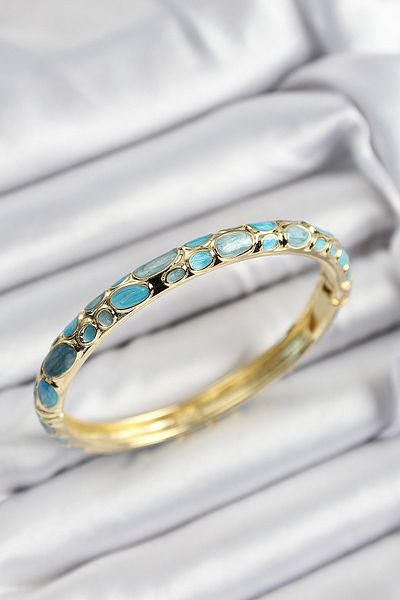 MBB ETİCARET Mineli Brass Turquoise Honeycomb Motif Gold Color Women's Handcuffs - Tj-Bb7402