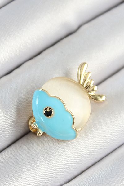 MBB ETİCARET Gold Color Women's Brooch with Enamel Turquoise and Cream Fish Figure - Tj-Br454