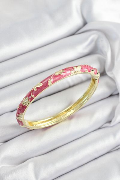 MBB ETİCARET Mineli Brass Pink Flower Motif Gold Color Women's Handcuffs - Tj-Bb7443