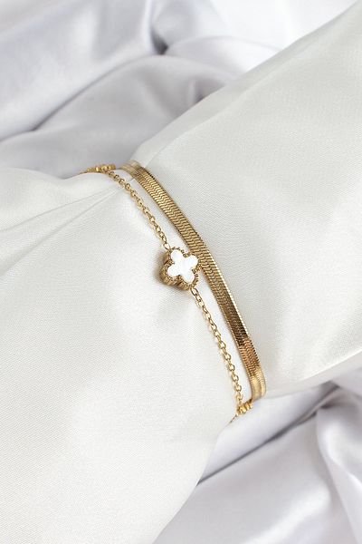 MBB ETİCARET 316L Steel Gold Color White Clover 2-Piece Women's Bracelet - Tj-Bb7079