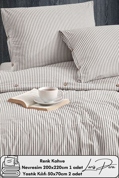 Larispera Yarn Dyed Cotton Double Striped Buttoned Duvet Cover Set 200X220 cm King Size