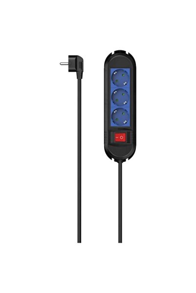 Hama Power Extension Cord with Switch, 3 Outlets, Grounding, Wall Mountable, 1.5m, Black/Blue
