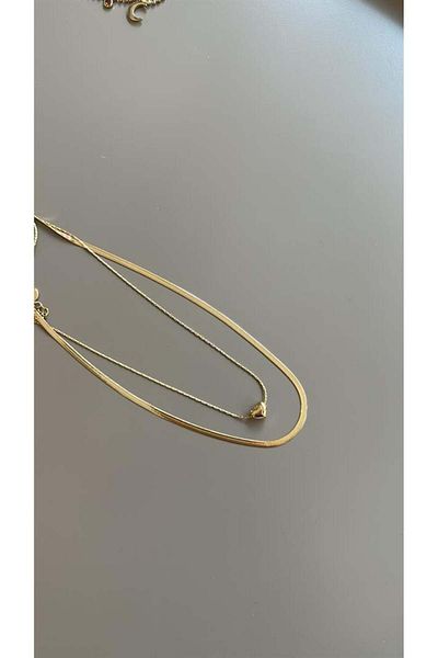 MBB ETİCARET Double Chain Heart Necklace - Gold