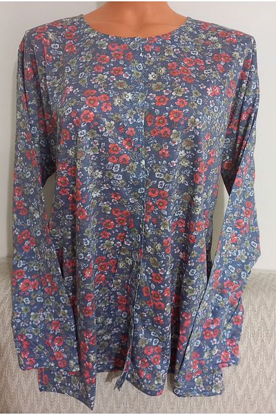 Anne Er Clothing Paper Print Combed Cotton Blouse Long-Sleeve Crew Neck Button Print