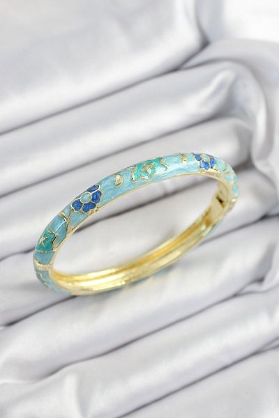 MBB ETİCARET Mineli Brass Turquoise Blue Flower Motif Gold Color Women's Handcuffs - Tj-Bb7447