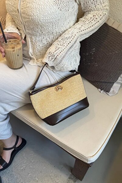 LEONAS Buckle Detailed Straw Women's Hand and Cross Shoulder Bag Rowan Bitter Brown