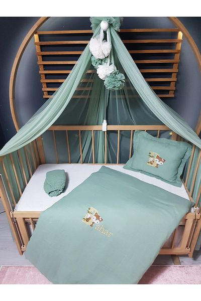 Baby Clime Embroidered Muslin Sleeping Set - 100X150 cm Duvet Cover, Pompom Mosquito Net, Tulle and Apparatus
