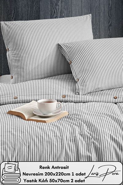 Larispera Yarn Dyed Cotton Double Striped Buttoned Duvet Cover Set 200X220 cm King Size