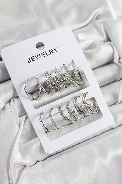 MBB ETİCARET Brass Mixed Ring Model Silver Color 6 Pairs Women's Earrings Set - Tj-Bkp10881