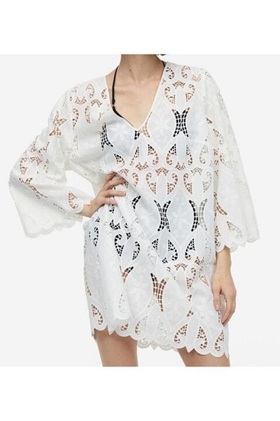 H&M Embroidered Short Dress, Cotton, White, S Intl
