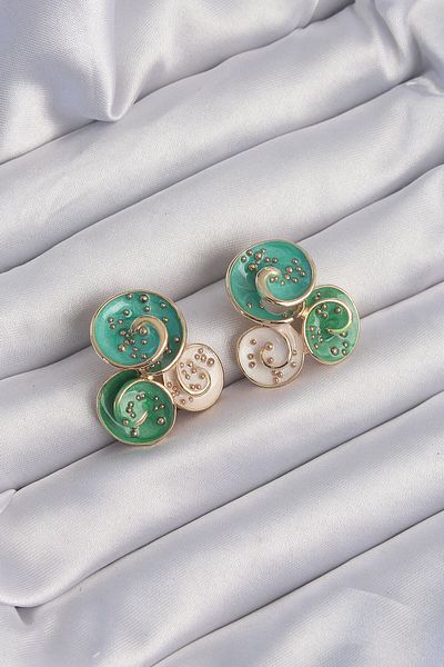 MBB ETİCARET Brass Gold Color Green Enameled 3-Piece Orchid Earrings - Tj-Bkp9217