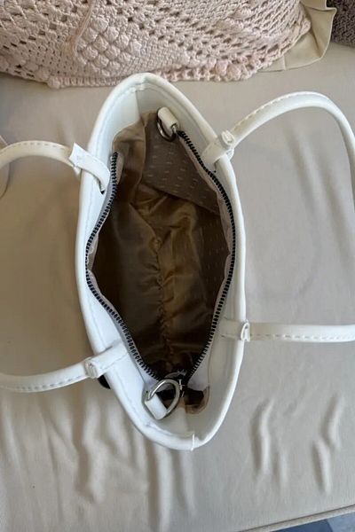 LEONAS Geantă de mână și de umăr pentru femei din paie cu accesorii Charm Patter White