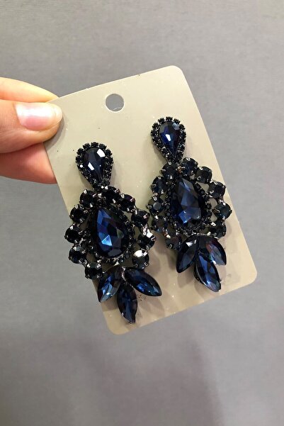 Hobigram Lacivert Altı Mekikli Taşlı Şık Düğün Kına Küpesi – Kadın Aksesuar T...