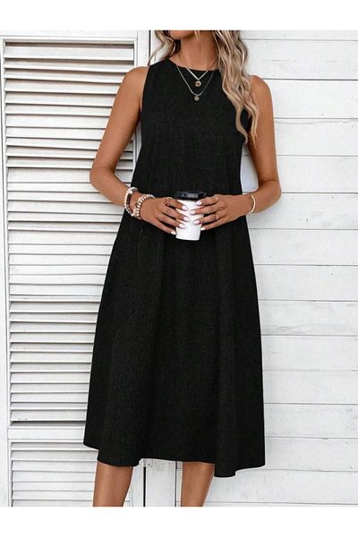 MODAVERA Women's Sleeveless Crew Neck Midi Linen Dress with Pockets