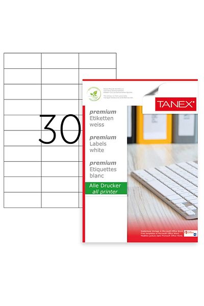 Tanex Set de 3000 etichete autoadezive A4, 100 coli, 30 etichete/coală, 70x29,7 mm, colțuri drepte,