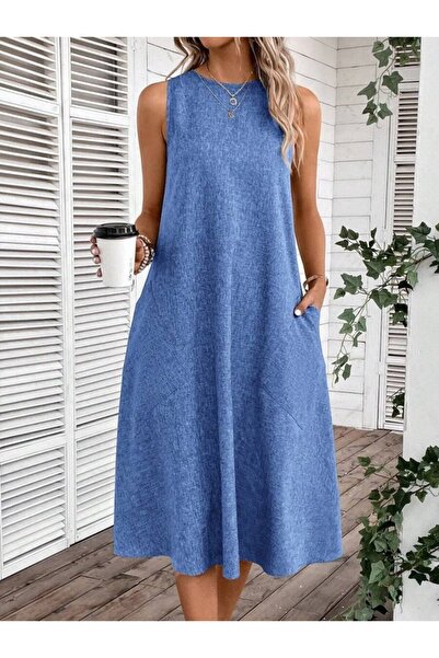buğrahayalin Women's Sleeveless Crew Neck Midi Linen Dress with Pockets