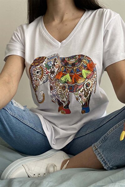 Cassime Women's White Color Elephant Embroidered 100% Cotton V-Neck T-Shirt