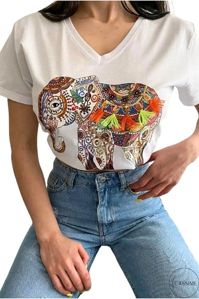 Cassime Women's White Color Elephant Embroidered 100% Cotton V-Neck T-Shirt